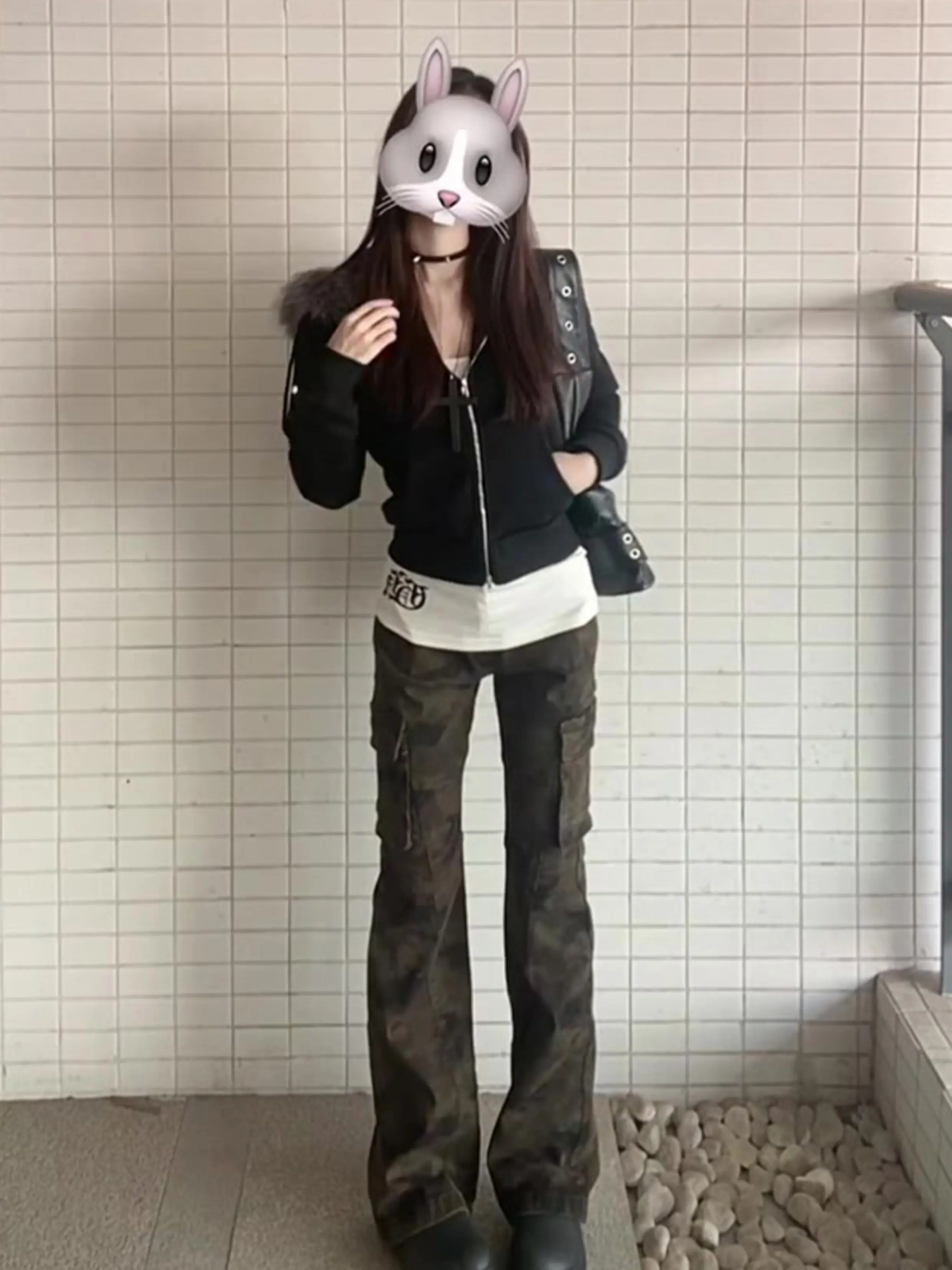 

New Large Size Retro High Street Camouflage Tooling Micro-pull Jeans Women's Autumn Design High Waist Slim Trousers