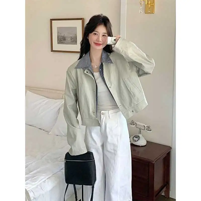 Women Clothing Spring Autumn Fashion Korean Zipper Solid Color Female All-match Button Female Fake Two Pieces Cardigan Windbreak