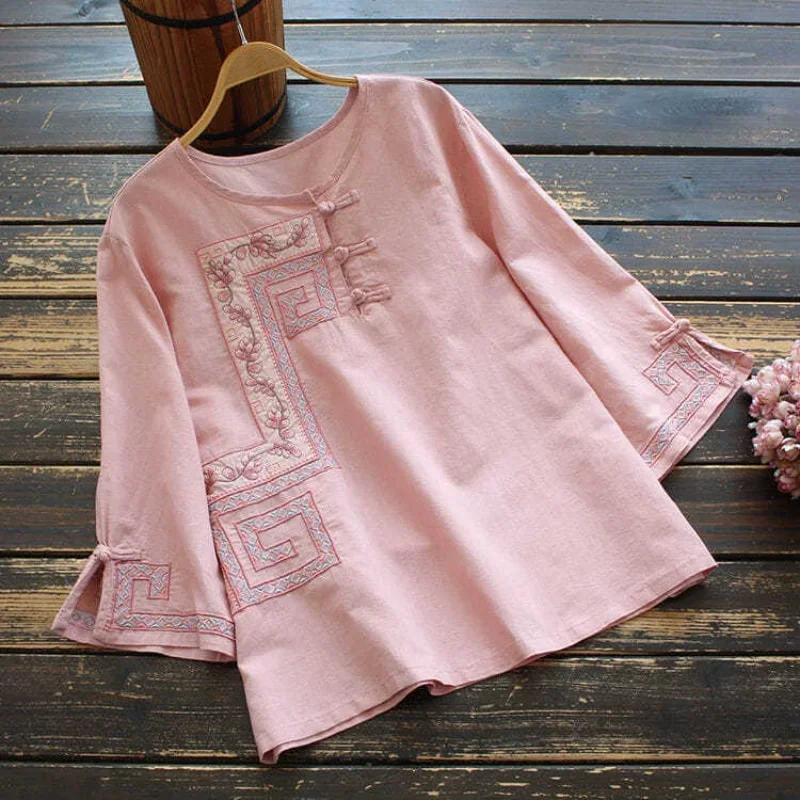 

Autumn Chinese Style Retro Buckle Embroidery Blouse Women Cotton and Linen Loose Vintage Cheongsam Top Female Casual Shirt 2024