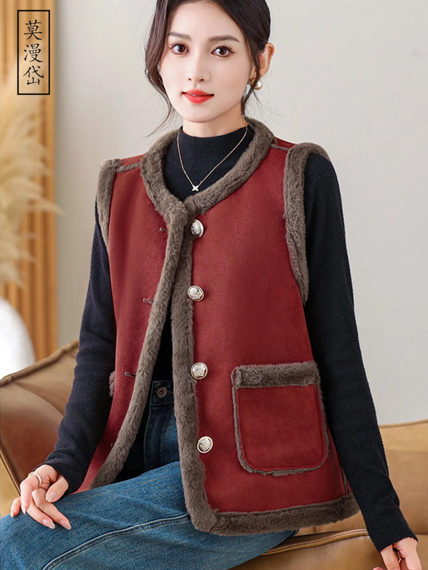 

Женский жилет из меха ягненка, зимняя верхняя одежда, корейский сарафан, прямой крой, однотонный, с v-образным вырезом, на пуговицах...