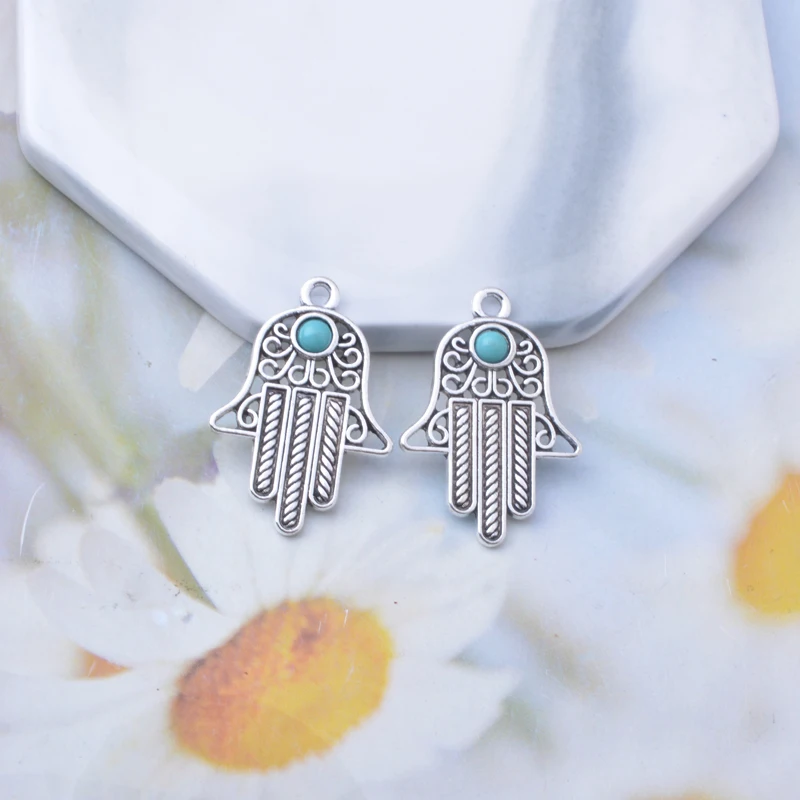 10pcs Antique Silver Color Alloy Imitation turquoise stone Round Connector Heart Water Drop  Leaf Charms Jewelry Pendants