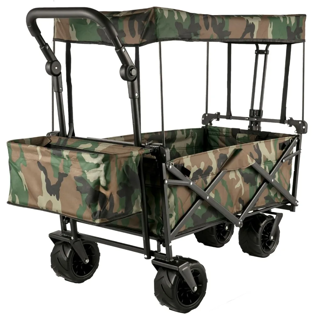 

Collapsible Folding Wagon with Canopy, Heavy-Duty Utility Cart for Garden, Camping, Grocery, Beach, Camouflage