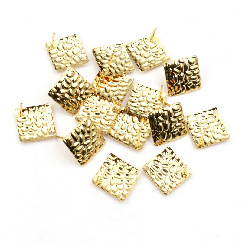 20pcs 14mm Square 316 Stainless Steel Gold Plated Pin Findings Stud Earring With Hole Connector For DIY Jewelry Making Supplies