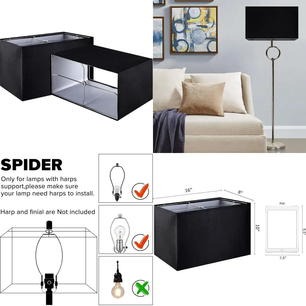 

Набор из 2 больших черных прямоугольных абажуров 8x16x10 с креплением Spider Fitter для напольных и настольных ламп в гостиной, на прикроватную тумбочку, B