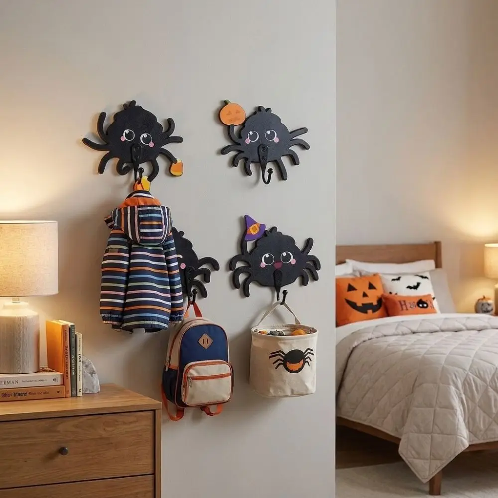 Wooden Halloween Cartoon Spider Hook No-Drill Gothic Style Spider Wall Hooks Cute Wall Mounted Bag Hat Hooks Home Decor
