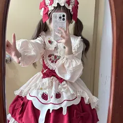 NONSAR Victorian Sweet Lolita Jsk Dress Women Cute Strawberry Embroidery Bow Suspenders Dress Japanese Girl Kawaii Party Dresses