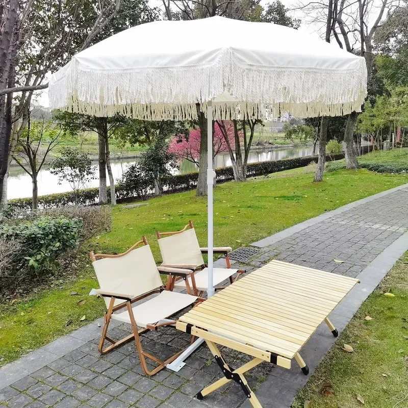 2m Beige Beach Umbrella with Tassel Korean Retro Style Outdoor Garden Camping Parasol Sunshade for Patio Yard Decoration