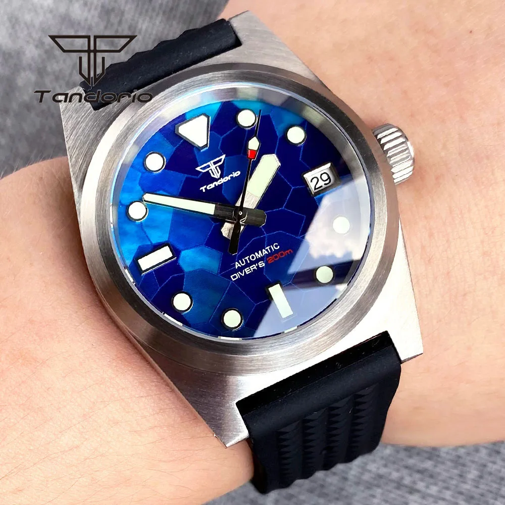 Tandorio NH35A Multicolor Shell Dial 38mm Brushed 200m Dive Automatic Men's Watch AR Sapphire Crystal Screw Crown Date Luminous