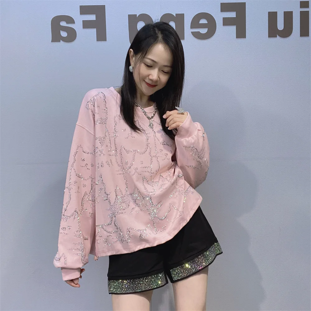 Trendy Brand Long Sleeve Top Women Rhinestone Short Sweatshirt Round Neck Autumn New Fashion Versatile Loose Sports Shirt