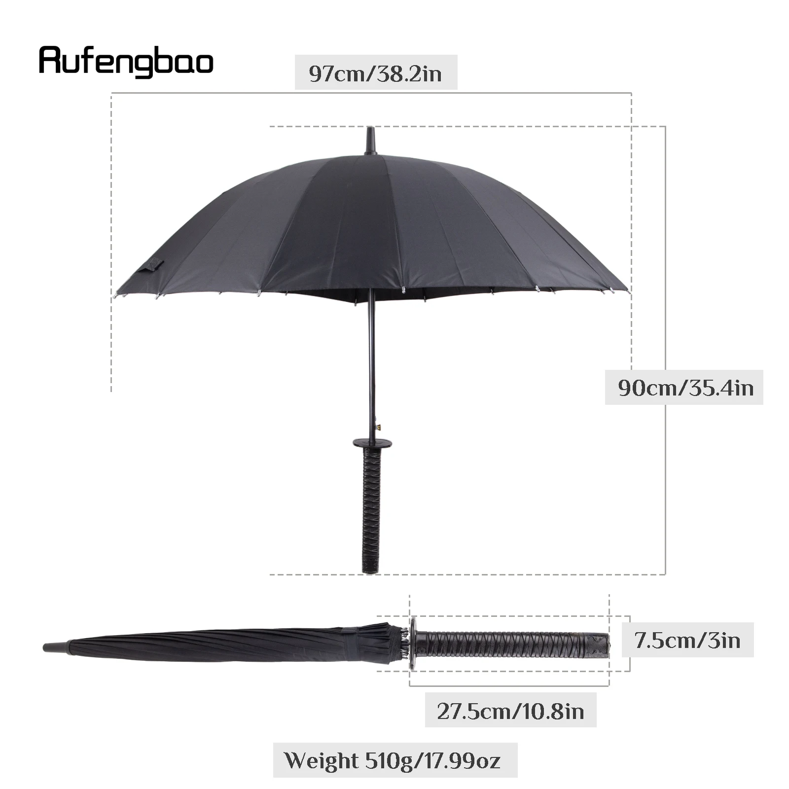 Parapluie coupe-vent automatique Black Samurai, manche en bois, 16 os, long manche, parapluie agrandi, jours oste nommée et pluvieux, 90cm