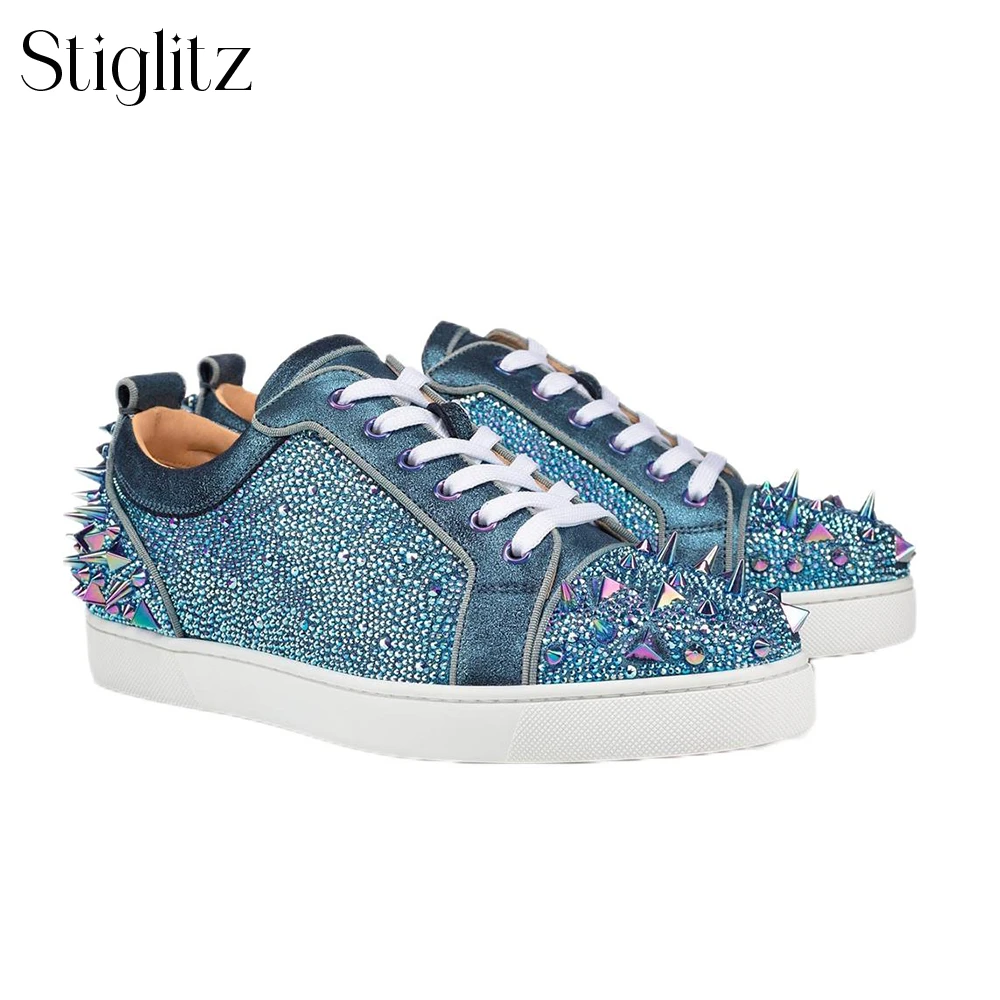 Colorful Rhinestone Rivet Sneakers Round Toe Lace-Up Flats Fashion Designer Style Luxury Shoes for Men and Women Handmade Shoes