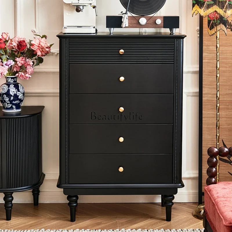

1LFrench medieval style all-black solid wood chest of drawers, living room against the wall chest of drawers