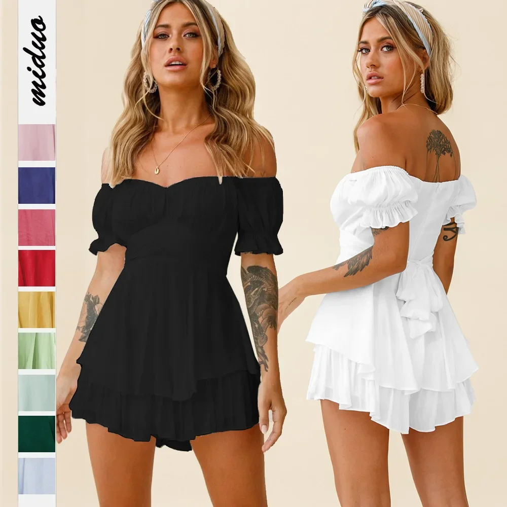 Solid Color Fashionable and Sexy One Line Neck Lantern with Lotus Leaf Sleeves Casual Summer Women's Short Pants Jumpsuit