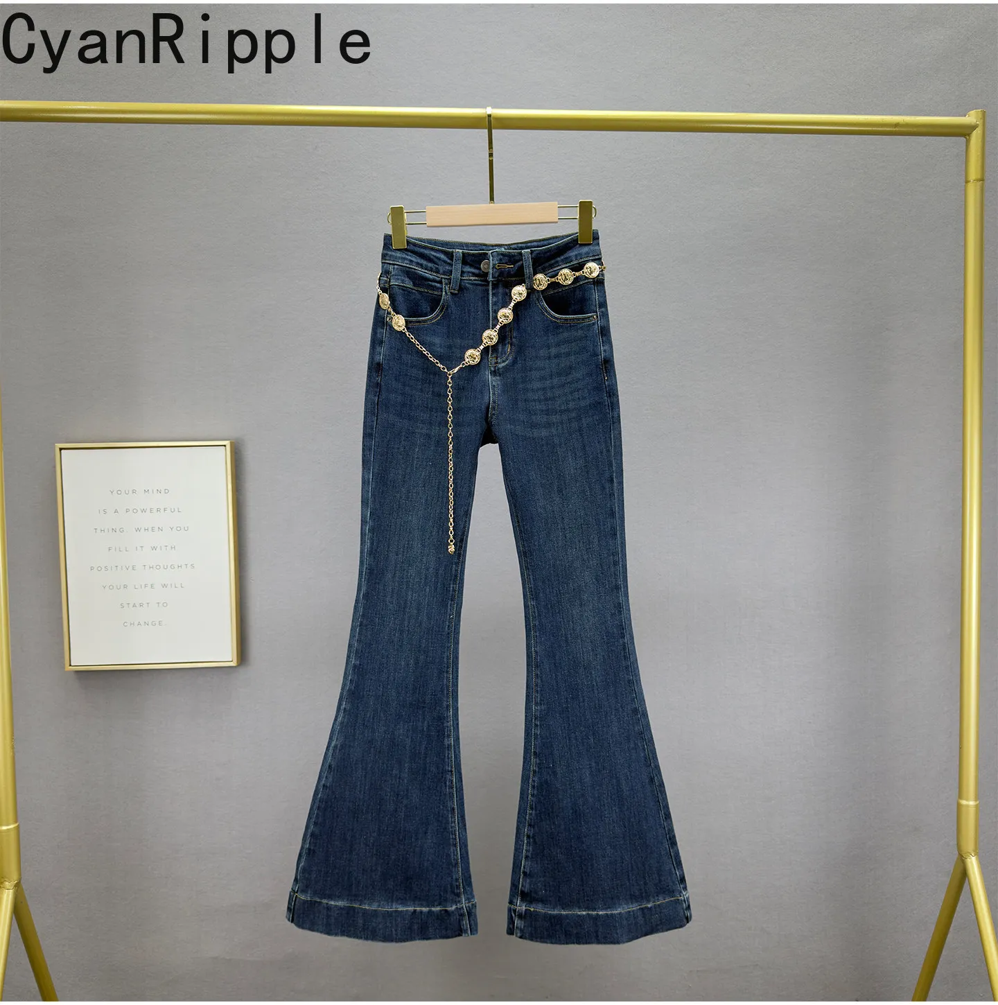 2026 New Autumn High Waist Slimming Dark Blue Women Flare Jeans Stretch Mopping The Floor Vintage Denim Pants+Metal Waist Chain