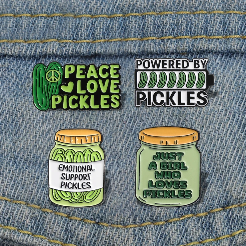 Cucumber Pickles Enamel Pins Custom PEACE LOVE PICKLES Brooches Lapel Badges Plant Jewelry Gift for Friends