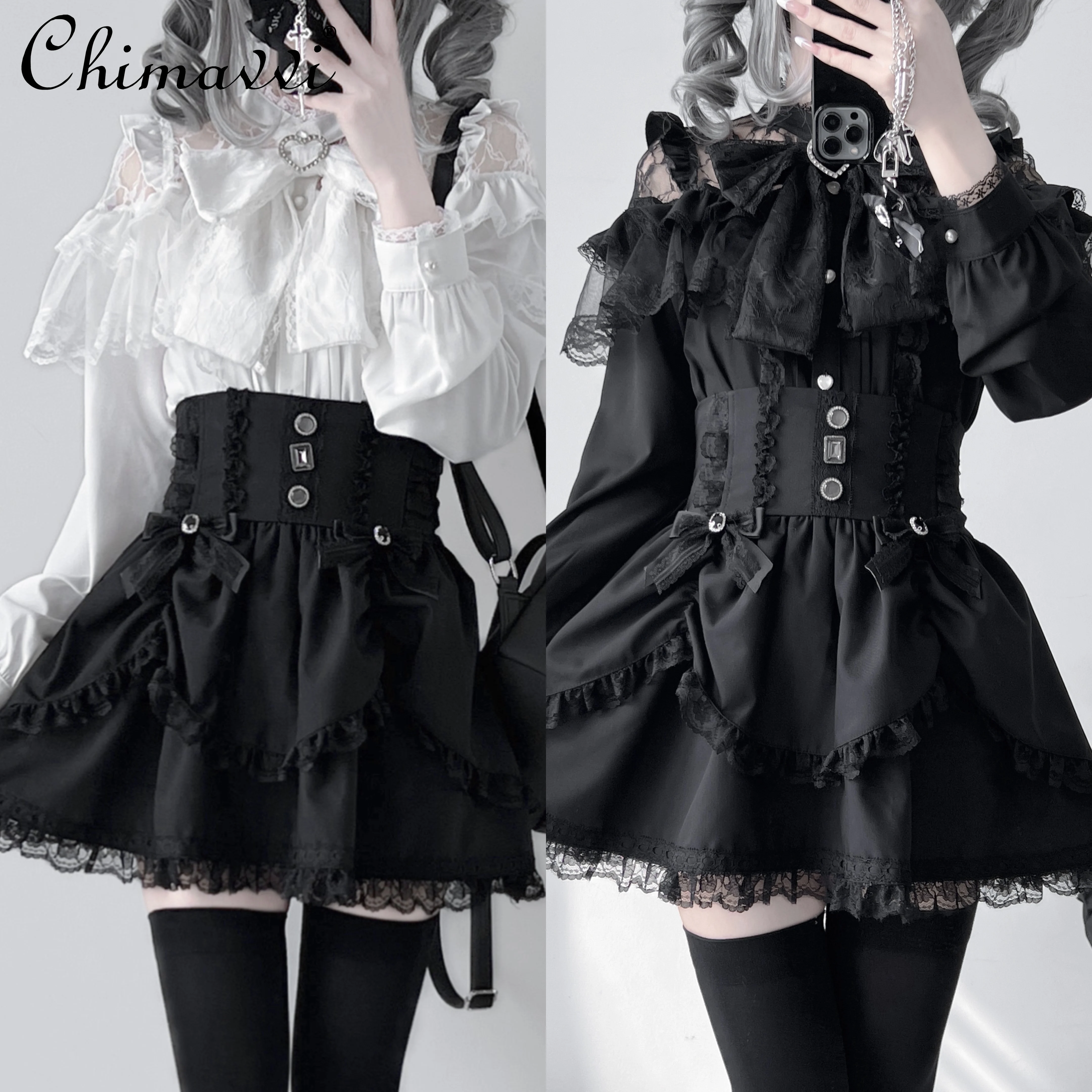 

Japanese Mass-produced Mine Sweet Lace Bow Long-sleeved Shirt New Spring and Autumn Girls Women's Lolita Lace Blouse Y2k Tops