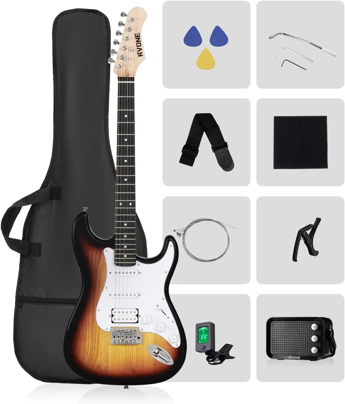 39-Inch Beginner Electric Guitar Kit - Includes Amplifier, Classic HSS Pickup, Gig Bag, Capo, Strap, Extra Strings, Digital Tuner, 3 Picks, Cleaning Cloths (Sunburst)