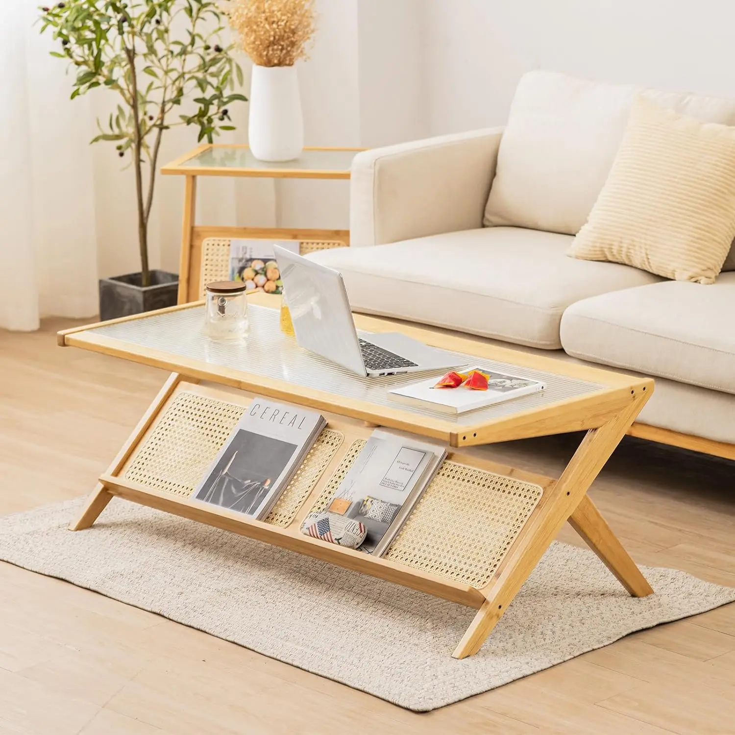 Comfort corner  Bamboo Coffee Table,2-Tier Rectangular Coffee Table with Glass Tabletop,Handwoven Rattan Storage Shelf