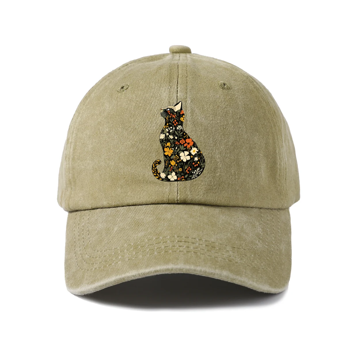Floral Cat Silhouette Graphic Baseball Cap, Vintage Washed Adjustable Unisex Dad Hat, Everyday Gift