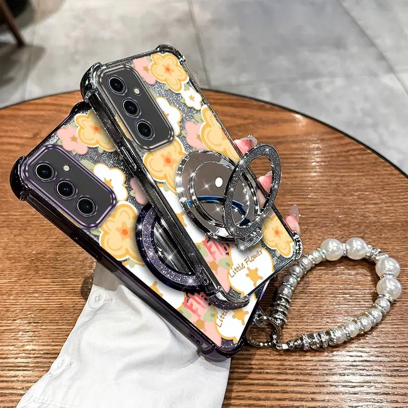 

S 24 Yellow flowers Plating Bracelet Holder Phone Case For Samsung S24Ultra S25 S24 S24FE S23Plus S23FE S23Ultra S25Ultra Cover