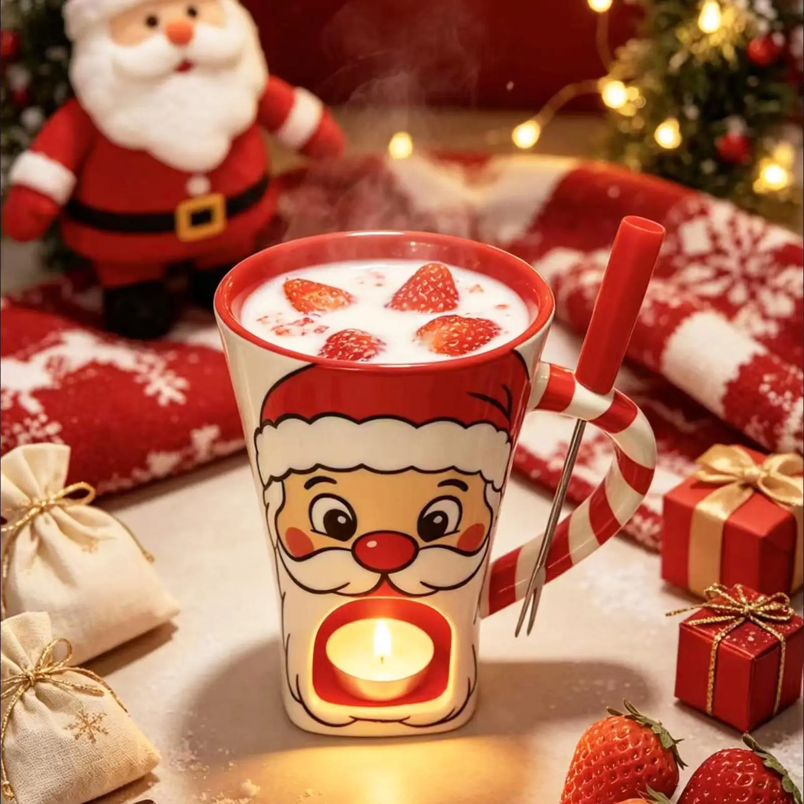 Christmas Ceramic Fondue Cup 160ml Cheese Butter Chocolate Melting Mug With Fork For Home Party Table Decor
