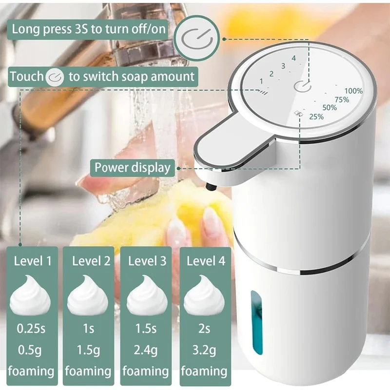 USB Rechargeable Automatic Soap Dispenser, 380ml Touchless Sensor Foaming for Kitchen Bathroom, 4-Level Adjustable
