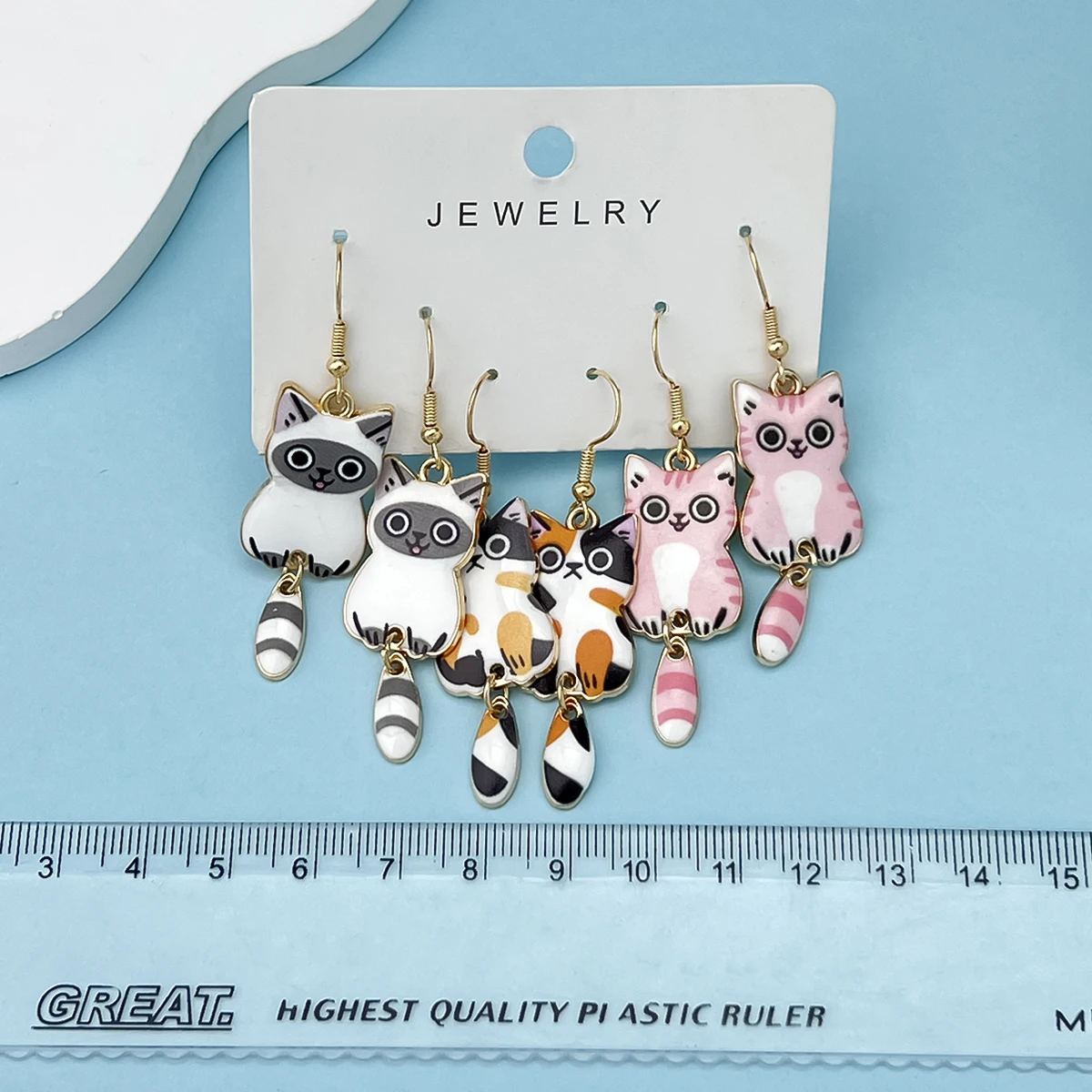 3 Pairs Cute Enamel Alloy Cat Dangle Earrings Set