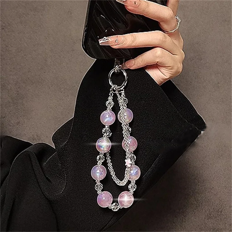 Y2k Korea Luminous Bead Star Clear Hand Chain Wrist Short Lanyard With Clip Mobile Phone Case Cute Keychain Pendant Accessories