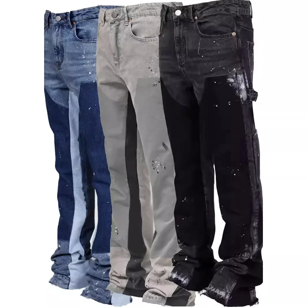 

2025 Men's Fashion Jeans Work Pants European and American Fashion Workwear Elastic Patchwork Denim Layered Flared Pant