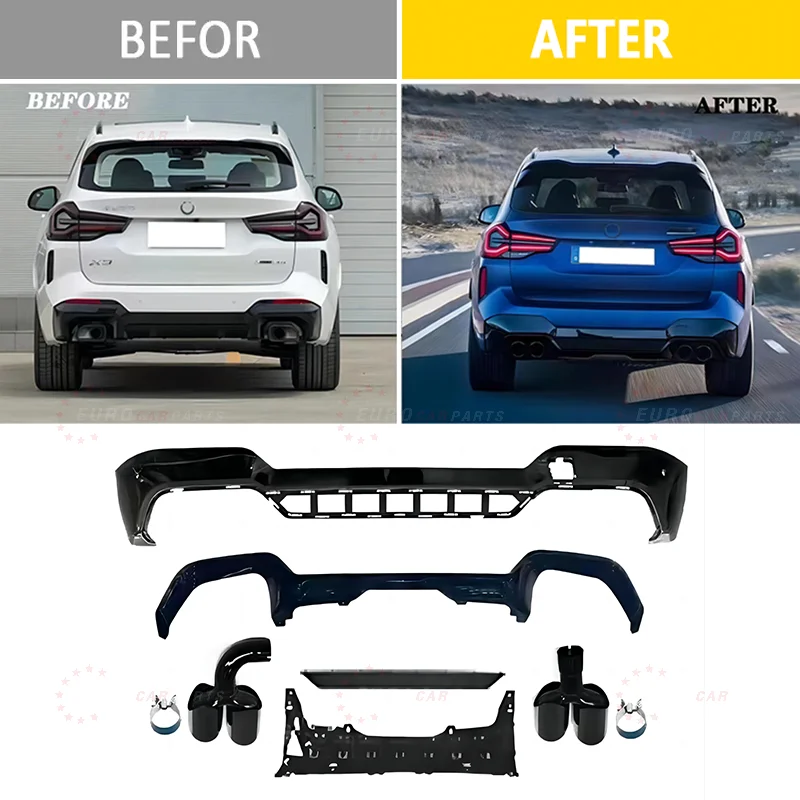 X3m estilo difusor traseiro tubo de escape kits corpo para x3 g01 lci atualização para x3m f97 lci pontas escape lábio traseiro com refletor