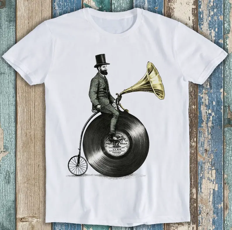 

Music Man Farthing Gramophone Bike Funny Retro Unisex Gift Tee T Shirt P1327