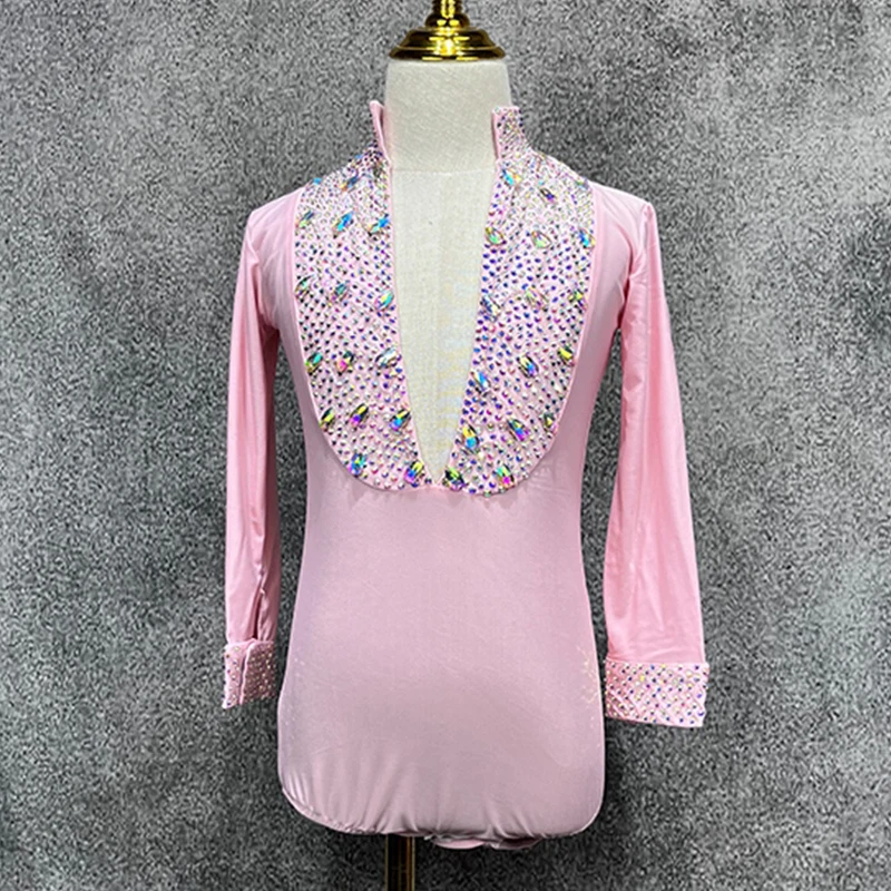 Kids Latin Dance Clothes Boys Rhinestone V Neck Pink Bodysuit Cha Cha Rumba Ballroom Dance Competition Tops Long Sleeves NV21007