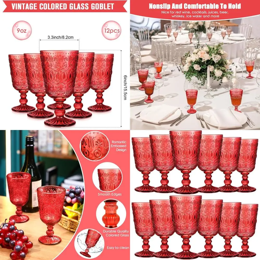 

Set of 12 9 oz Vintage-Inspired Colored Stemmed Wine Glasses, Elegant Embossed Glassware for Special Occasions