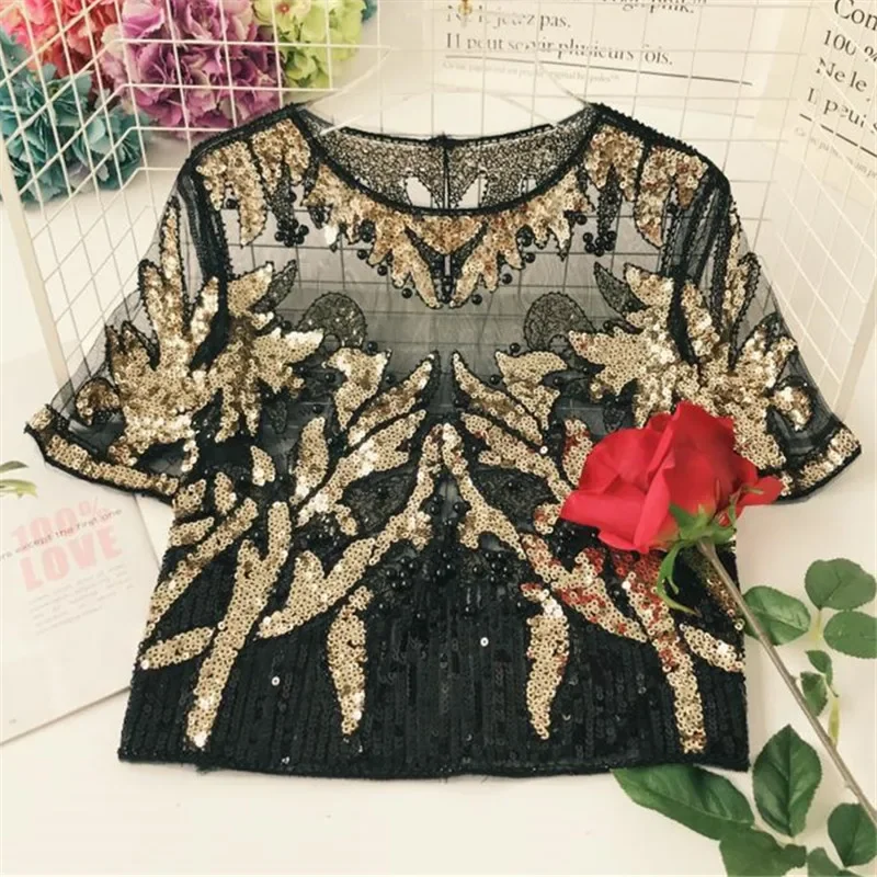 Neploe 2024 Gauze Sequined Patchwork Women Tops O-Neck Short Sleeve Bling Beading Blouse New Summer See-through Blusas 67731