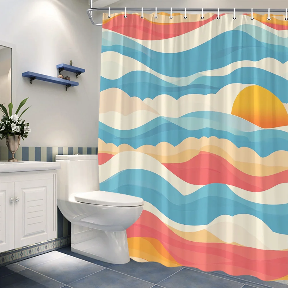 1pc Abstract Oceanic Shower Curtain Digital Illustration Blue Orange Red Beige Sunset Clouds Modern Style 12 hooks 70*70 inches