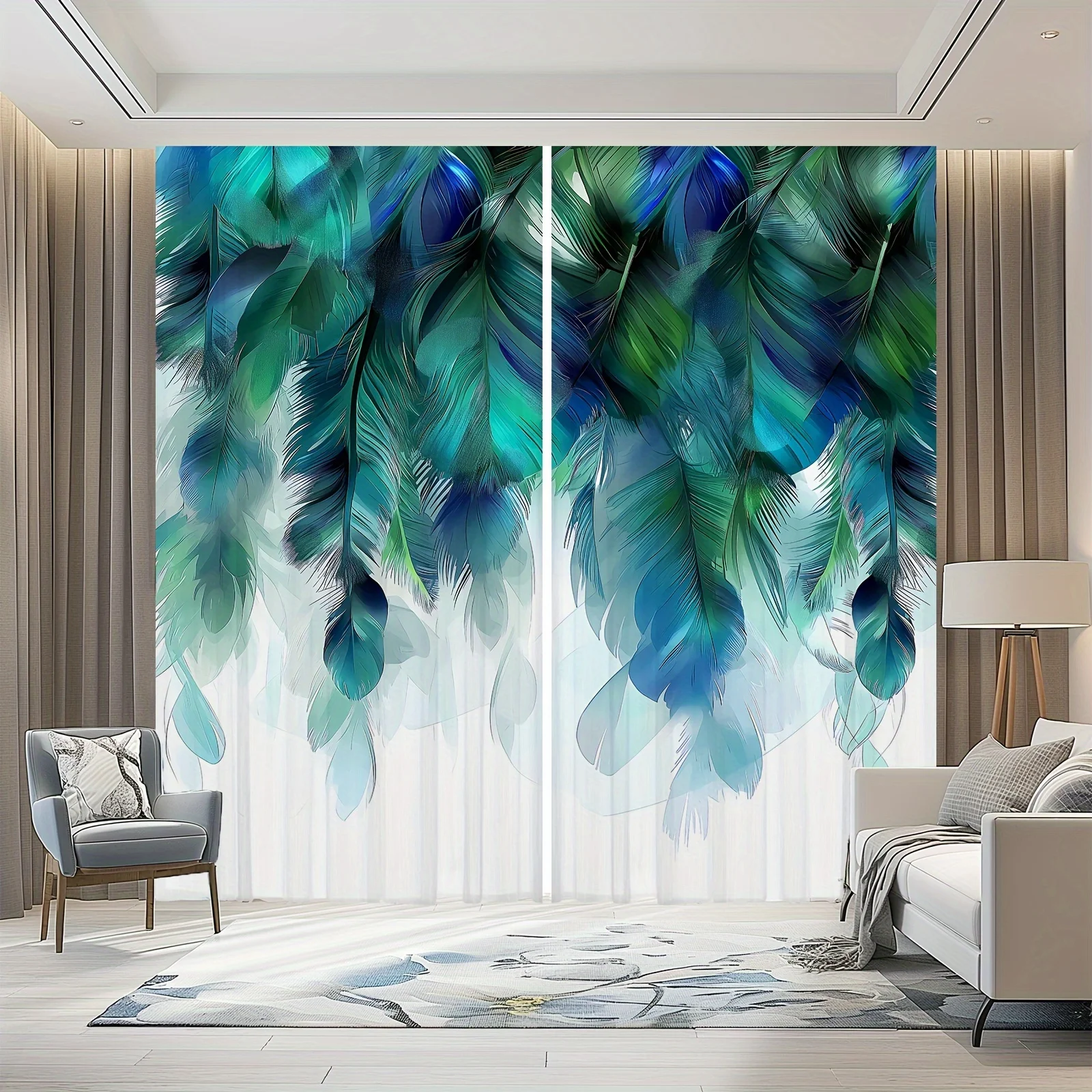 2pcs blue feather and tropical leaf curtain with artistic gradient design for living room privacy and decor exotic modern style