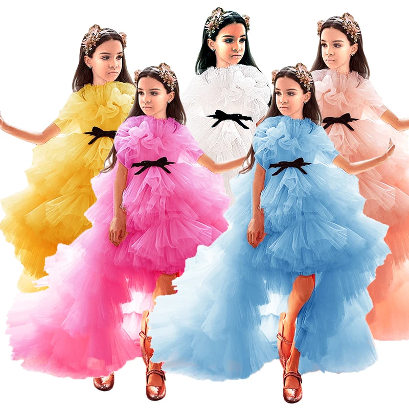 Luxury Tiered Puff Skirt Baby Girls Party Dresses for Weddings Tulle Christmas Ceremonial Dress for 1-14 Year Old Kids