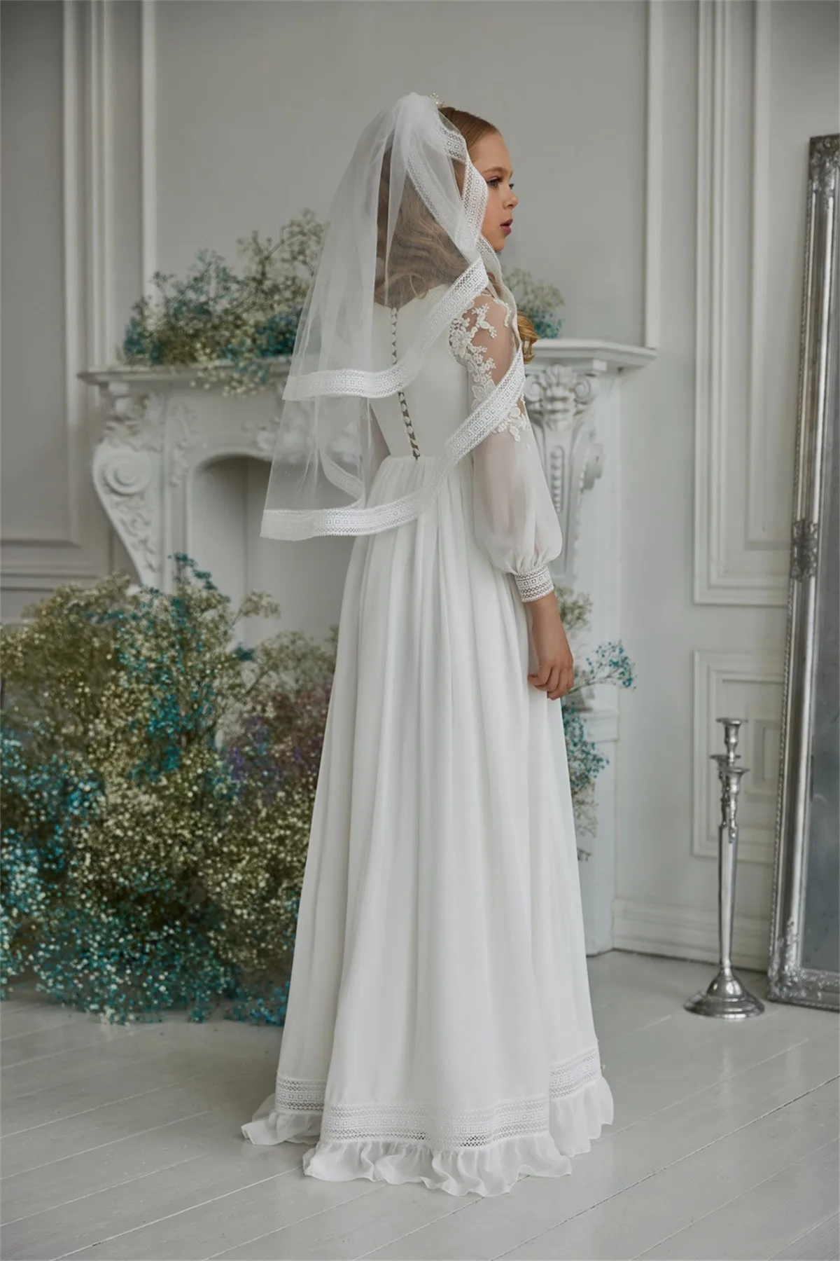 Robes de demoiselle d'honneur blanches simples en mousseline de soie pour mariage, manches longues, fête d'anniversaire de princesse, soirée, première communion A-ligne, quoi que ce soit