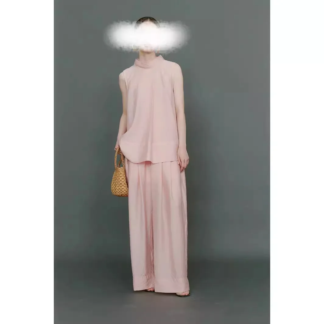 

Summer Lightweight Two-piece Pant Set Sleeveless Air-layered A-line Semi-high-neck Top with Wide-leg Cool Pants