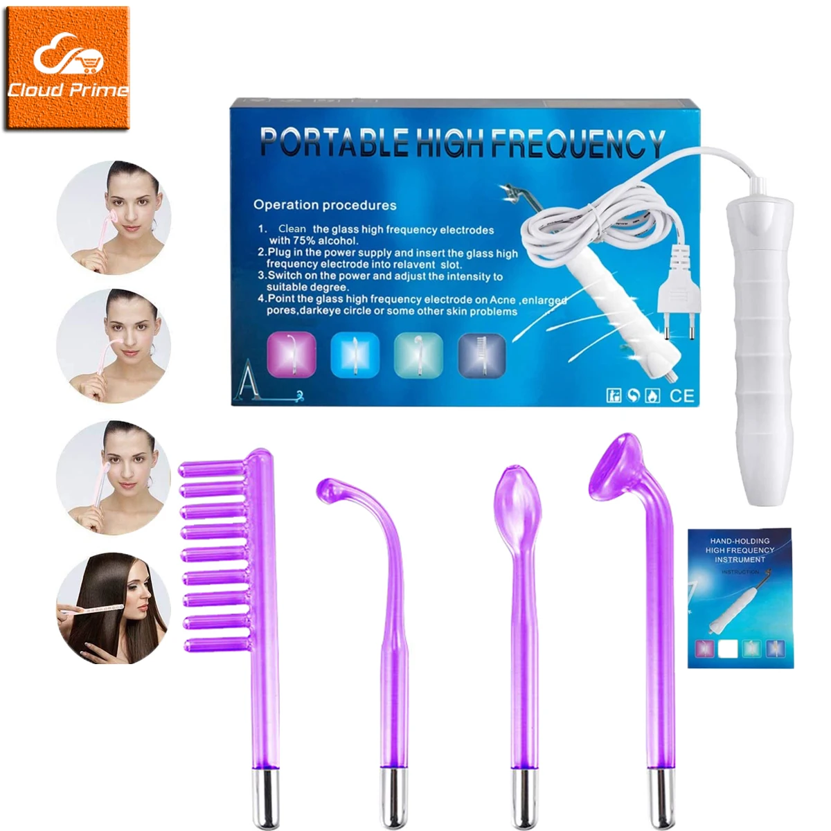 4in1 Electrode Glass Tube High Frequency Facial Beauty Machine Facial Spa Electrotherapy Wand Wrinkle Removal for Face Skin Care