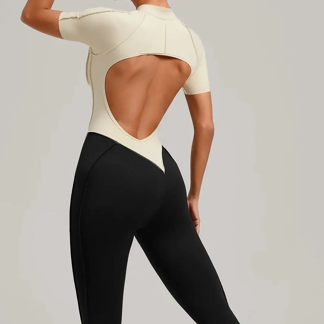 Ningyu New Stand up collar and Beautiful back Fitness Jumpsuit Women with Contrasting color Splicing Jumpsuit Running Sportswear