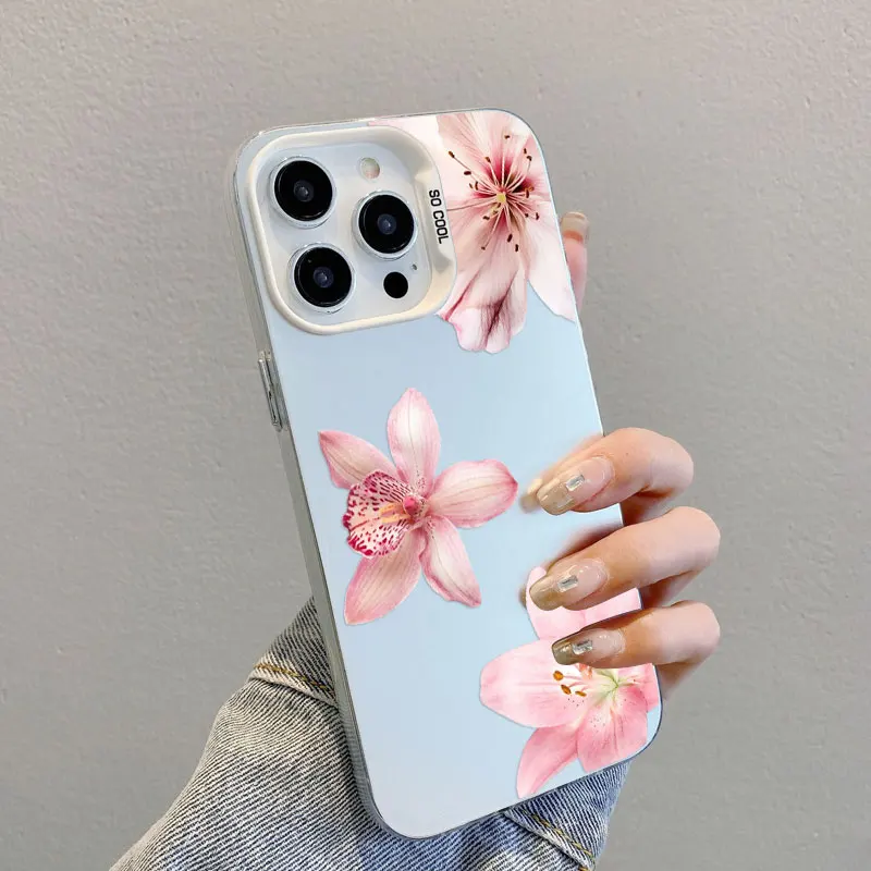 

Laser Phone Case For iPhone 14 13 12 Mini 11 Pro Max 16 15 Pro Max Plus Realistic Lily Flower Print Shockproof Back Cover Fundas