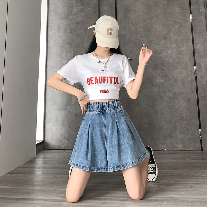 Casual Streetwear Oversized Denim Shorts Dames M-5XL 6xl Grote Maat Korte Femme Elastische Taille Wijde Spijkerbroek Met Wijde Pijpen