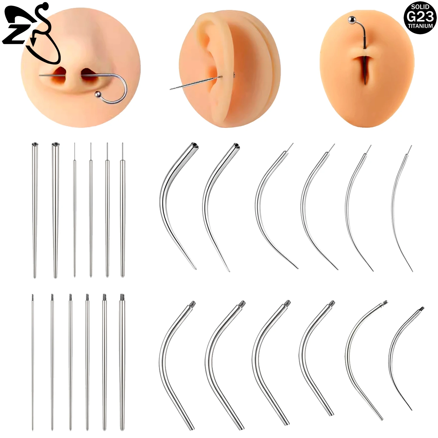 ZS 1 Piece G23 Titanium Curved Taper Insertion Pin Tool Internal Thread Piercing Kit For Tragus Helix Lip Nose Piercing Jewelry