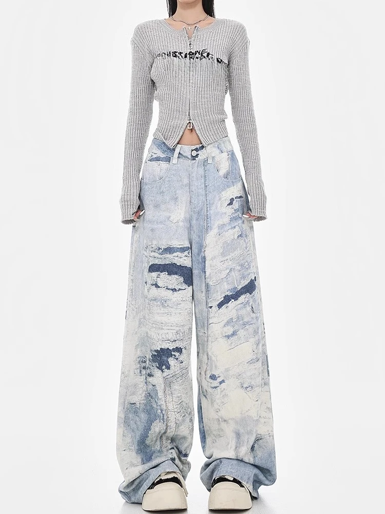 Pantaloni da donna nuovi primaverili e autunnali, pantaloni in denim alla moda a gamba larga a vita alta tinti con cravatta blu