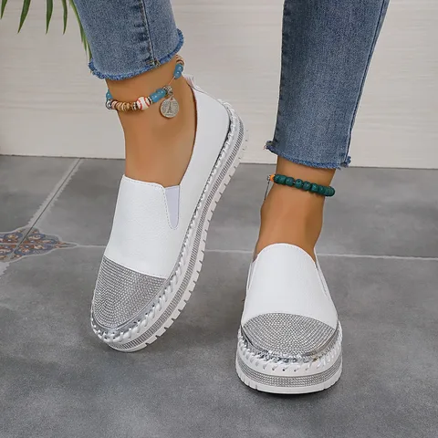 Le Fu Shoes Женские новые туфли Lazy Shoes на толстой подошве Белые туфли Женские одинарные туфли с плоской подошвой Water Diamond
