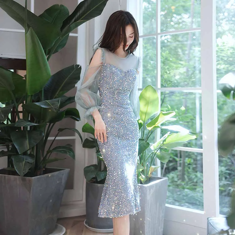 

Elegant Light Blue Sequins Evening Dress Women's Summer Lantern Tulle Off The Shoulder Sleeves Knee-Length Fish Tail Vestido