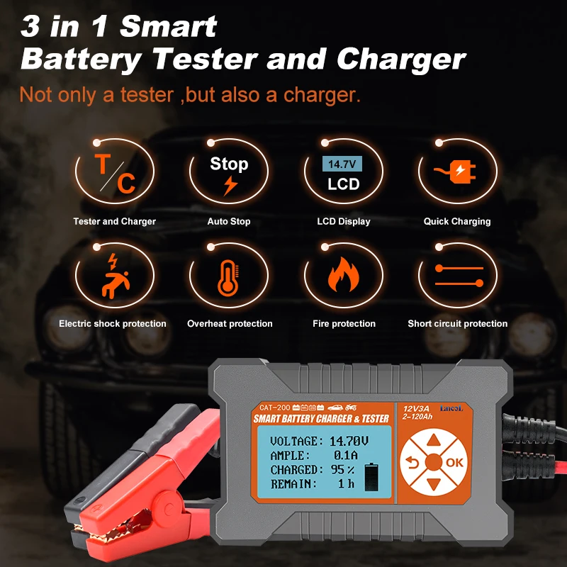 Lancol CAT200 2 In 1 Full Automatic Car Battery Charger and Tester LCD Screen 12V 3A Battery Analyzer Lead Acid Battery Portable