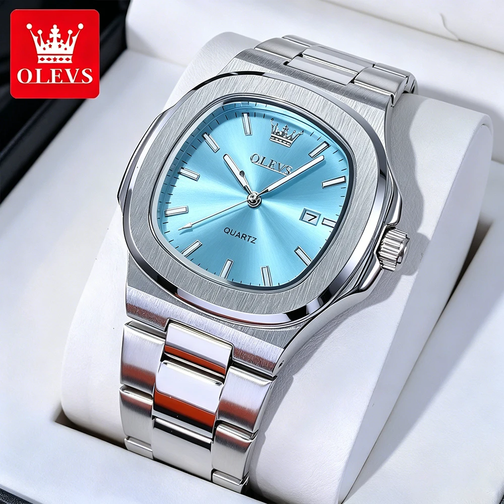 

OLEVS Men's Watches Trend Fashion Fine Steel Sky Blue Dial Original Brand Quartz Wristwatch Waterproof Luminous Date 3696 New