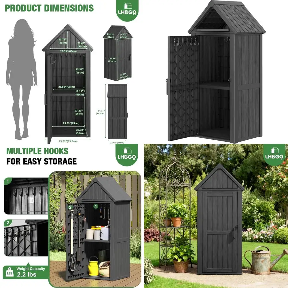 

Всепогодный навес для хранения на открытом воздухе с запирающейся дверью, прочный полимерный шкаф, наклонная крыша и крючки для инструментов для патио и газонов